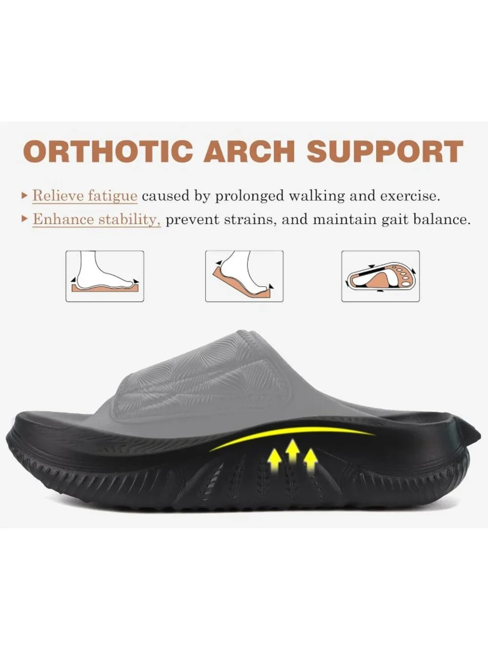 Men's All Black Recovery Sandals Orthopaedic Plantar Fascistic Walking Casual